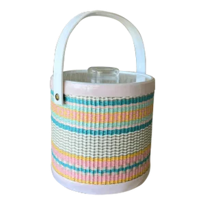 Circa 1970 Whimsical Woven Ice Bucket in Pastels With Lucite Lid & Swivel Handle