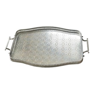 Vintage Engraved Handled Serving Tray With Pierced Gallery For Sale
