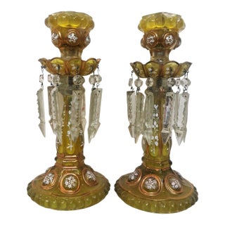 C1880's Antique French Amber Formed Glass and Crystal Candle Holders by Baccarat France a - Pair For Sale