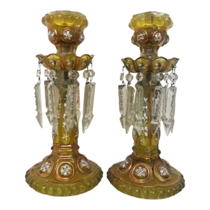 C1880's Antique French Amber Formed Glass and Crystal Candle Holders by Baccarat France a - Pair