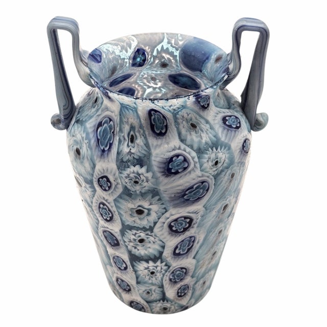 Early 20th Century Fratelli Toso Murano Italy Art Glass Millefiori Murrine Handled Vase Blue 6" For Sale - Image 5 of 8