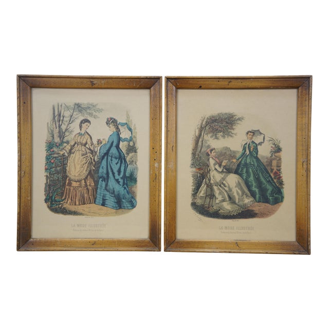 2 Antique La Mode Illustree Fashion Etching Prints Leroy Paris France 11" For Sale