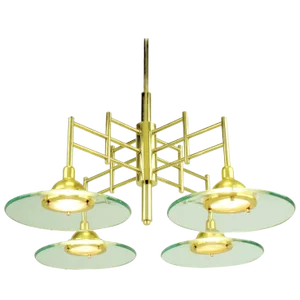 Architectural Four-Light Brass and Glass Pendant Halogen Chandelier