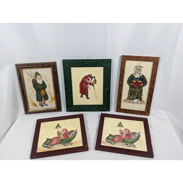 Vintage Theorem-Style Folk Art Santa Claus Christmas Wall Art – Set of 5 For Sale - Image 15 of 16