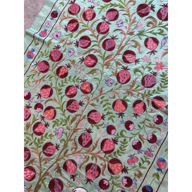 Mid-Century Modern Green Silk Suzani Tapestry With Pomegranate Tree For Sale - Image 3 of 9