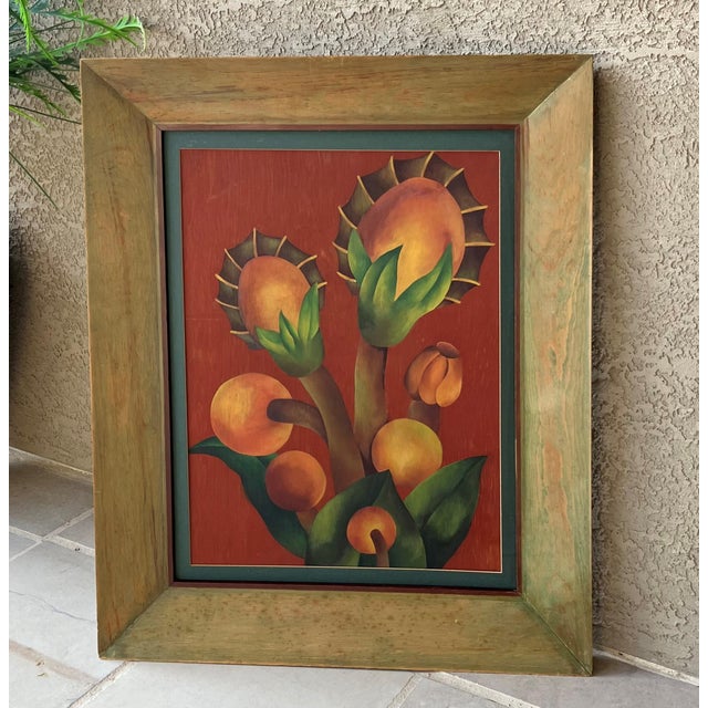 Abstract Mid 20th-Century Framed Oil on Board Stylized Botanical Painting For Sale - Image 3 of 18