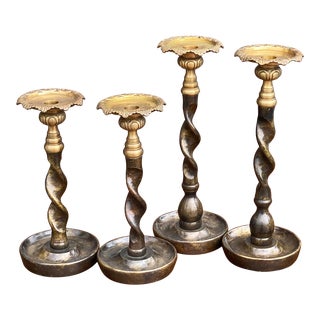 English Country Maitland-Smith Barley Twist Bronze Candle Holders - Set 4 For Sale