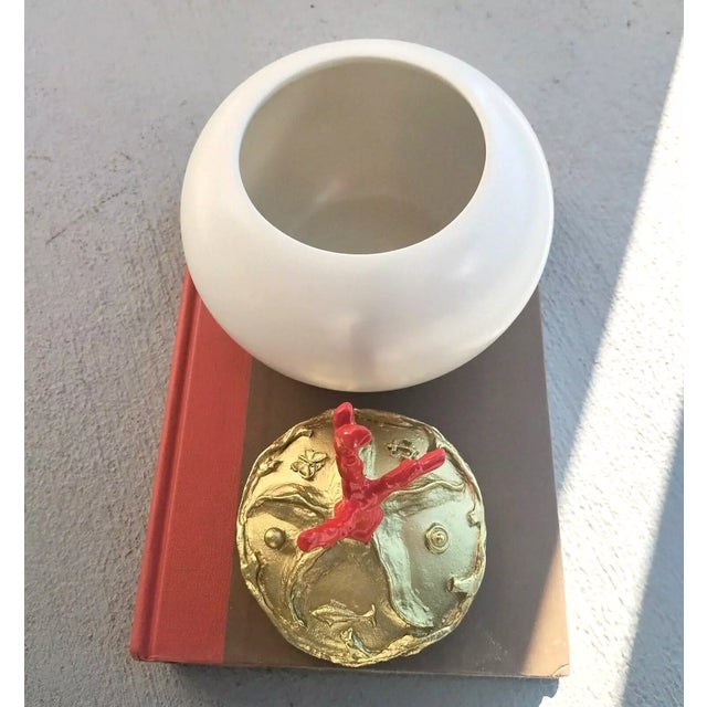 Modern One of a Kind Red Coral, Hand-Carved Gold Plated Lid Round Ceramic Box France For Sale - Image 3 of 10