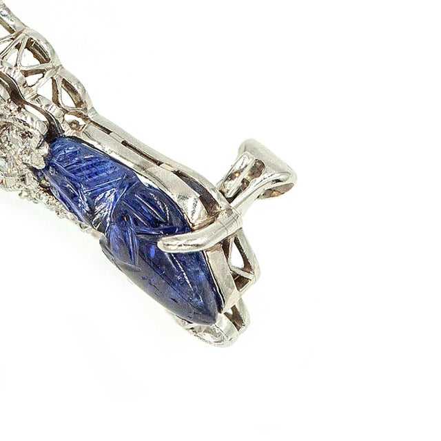 1930s Art Deco Wise Platinum 14k Carved Sapphire Diamond Floral Brooch For Sale - Image 11 of 12
