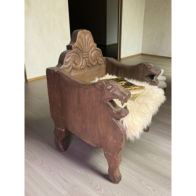 Early 20th Century Mexican Hand Carved Solid Wood Lion Chairs With Sheepskin Cushions For Sale - Image 4 of 7