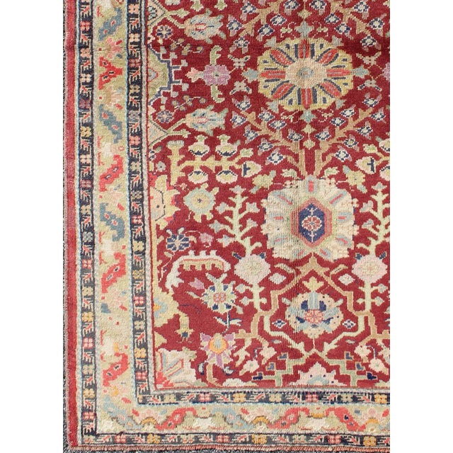 Tribal Vintage Turkish Oushak Rug in Deep Crimson, Soft Gold, and Pale Blue With Floral For Sale - Image 3 of 7