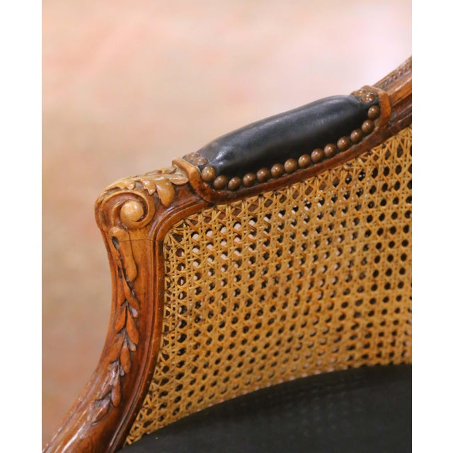 19th Century French Louis XV Walnut Double Caned Armchair With Leather Cushion For Sale - Image 4 of 11
