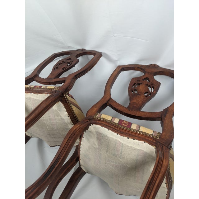 Late 20th Century Pair of French Louis XV Style Carved Walnut Side Chairs With Burgundy & Gold Damask Upholstery For Sale - Image 17 of 17
