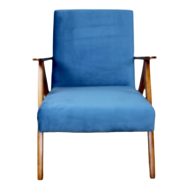 Vintage Blue Velvet VAR B-310 Chair in Dark Wood, 1960s For Sale