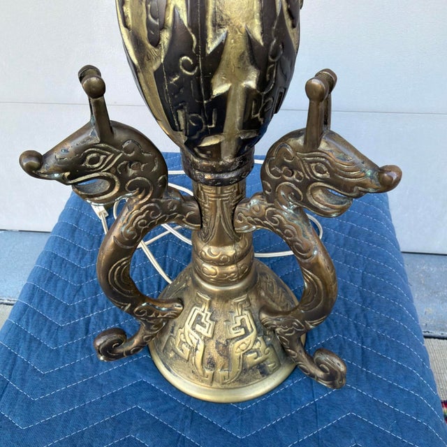 Mid 20th Century Chinese Archaistic Cast Brass Dragon Table Lamp - Attributed to James Mont For Sale - Image 6 of 18