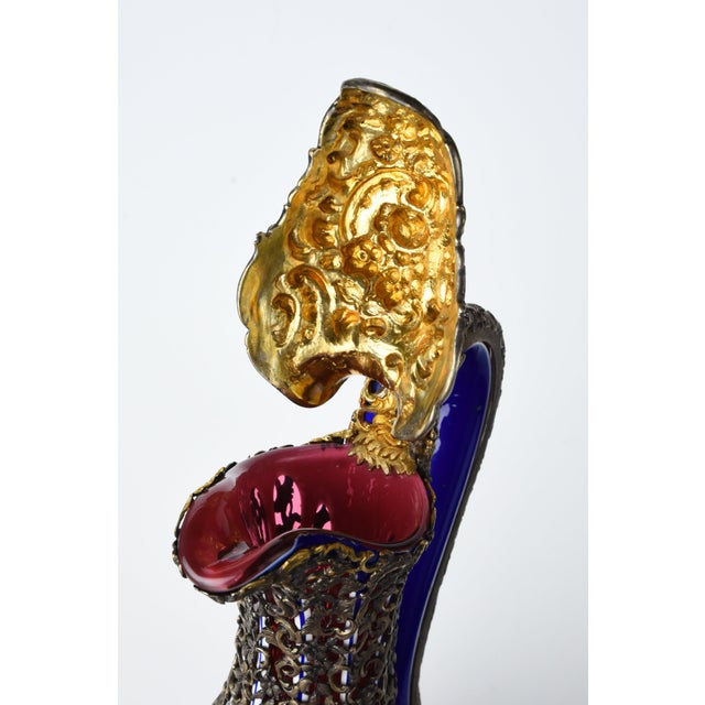 Metal 19th Century Double Cut Overlay Glass Pitcher With Rococo Style Silver Overlay For Sale - Image 7 of 9