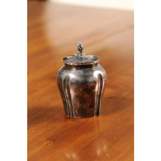 English Petite English Electroplated Nickel on Silver Lidded Container with Flame Finial For Sale - Image 3 of 13