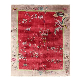 Antique Art Deco Rug in Rich Red Field With Light Grey and Floral Accents For Sale
