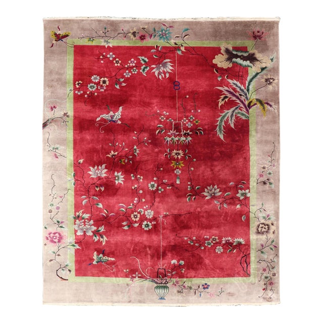 Antique Art Deco Rug in Rich Red Field With Light Grey and Floral Accents For Sale