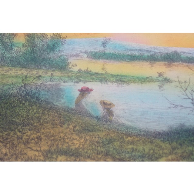 Antique Arthur Fuller Davis Signed Colored on the River Bank Etching 18" For Sale - Image 6 of 10