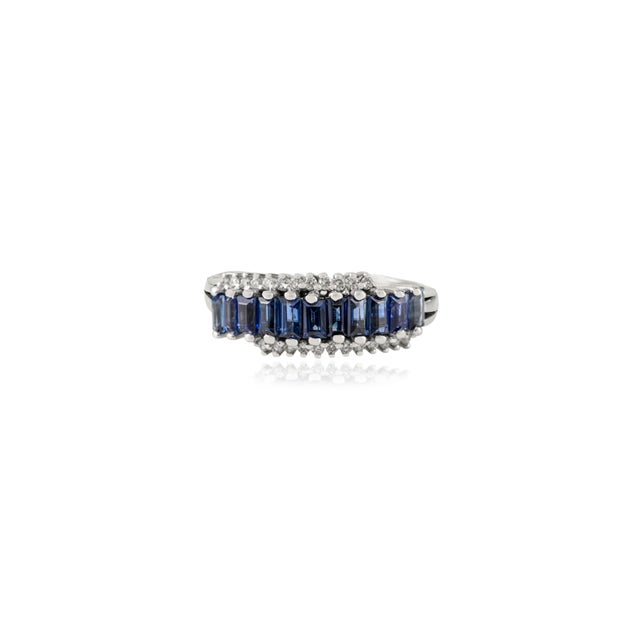Art Deco 1920s Style 1.06 Ct Baguette Blue Sapphire & Diamond 14k Gold Band Ring Size 5 For Sale - Image 3 of 14