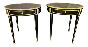 Hollywood Regency Ebony Bouillote or End Tables, Manner Jansen Mirror Tops, Pair