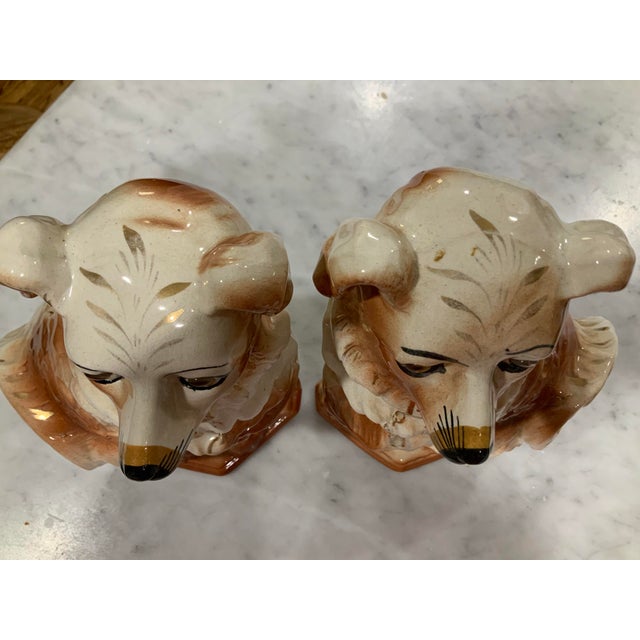 19th Century Antique Pair Bo’Ness Wally Spaniel Mantel Dogs - Staffordshire Style Scottish Pottery W/Glass Eyes & Gilt Details - 12.5” See Pics! For Sale - Image 9 of 12