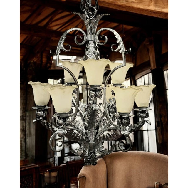 Mid 20th Century French Art Deco 9-Light Hand-Forged Wrought Iron Acanthus Chandelier For Sale - Image 12 of 18