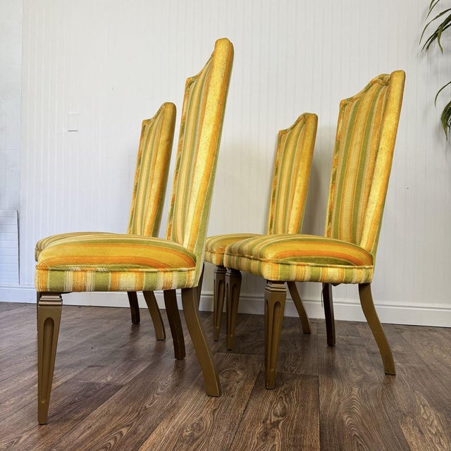 Designer 1970s Velvet Striped High Back Chairs For Sale - Image 12 of 15