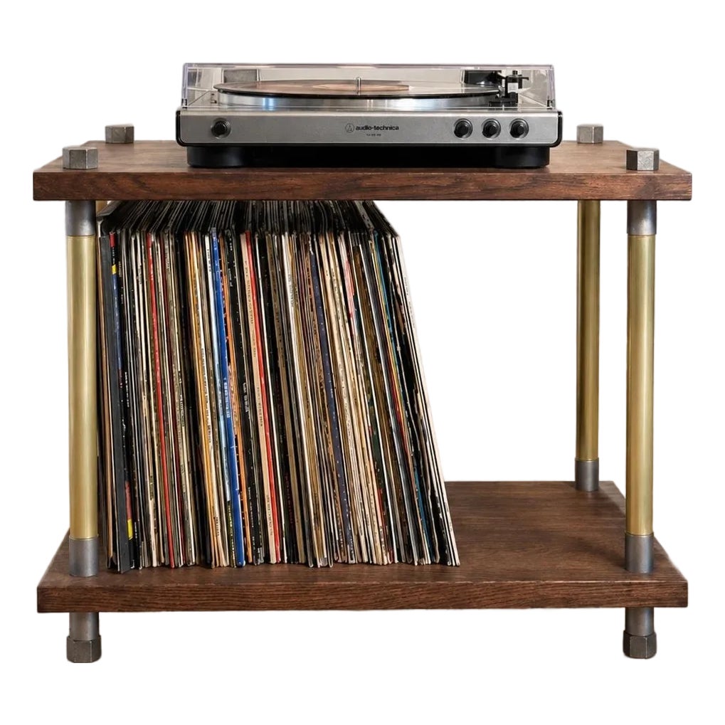 Industrial Solid Oak and Brass Turntable Console With Vinyl Storage ...