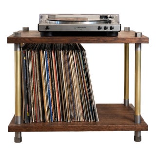 Industrial Solid Oak and Brass Turntable Console With Vinyl Storage For Sale