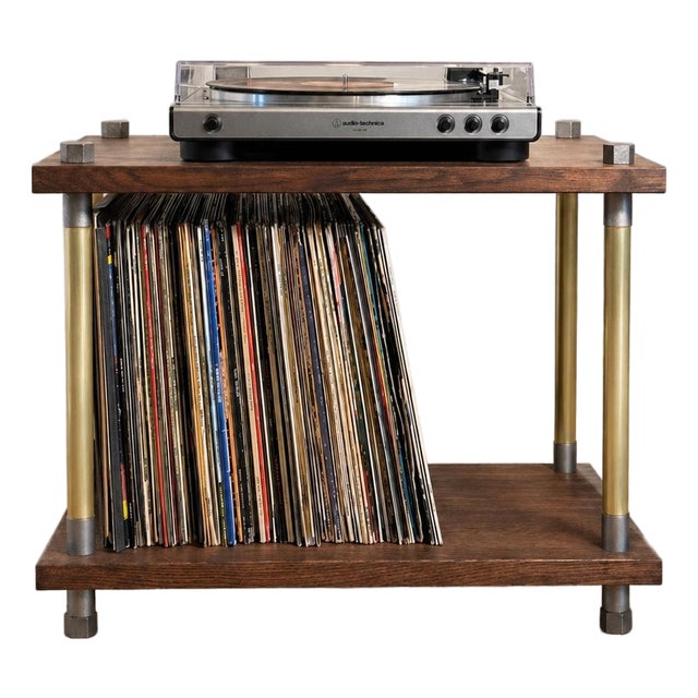 Industrial Solid Oak and Brass Turntable Console With Vinyl Storage For Sale