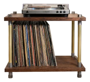 Industrial Solid Oak and Brass Turntable Console With Vinyl Storage