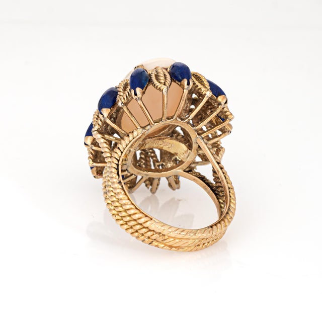 1960s Angel Skin Coral Lapis Lazuli Ring Vintage 14k Gold Cocktail Jewelry, Size 7.75 For Sale In Los Angeles - Image 6 of 7