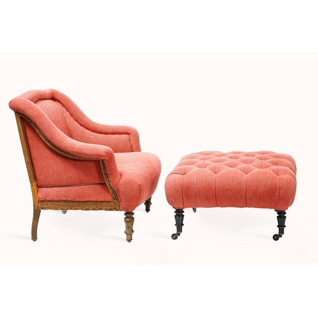 Napoleon III Brique Linen Salon Chair and Tufted Ottoman, Set of 2 For Sale - Image 14 of 16