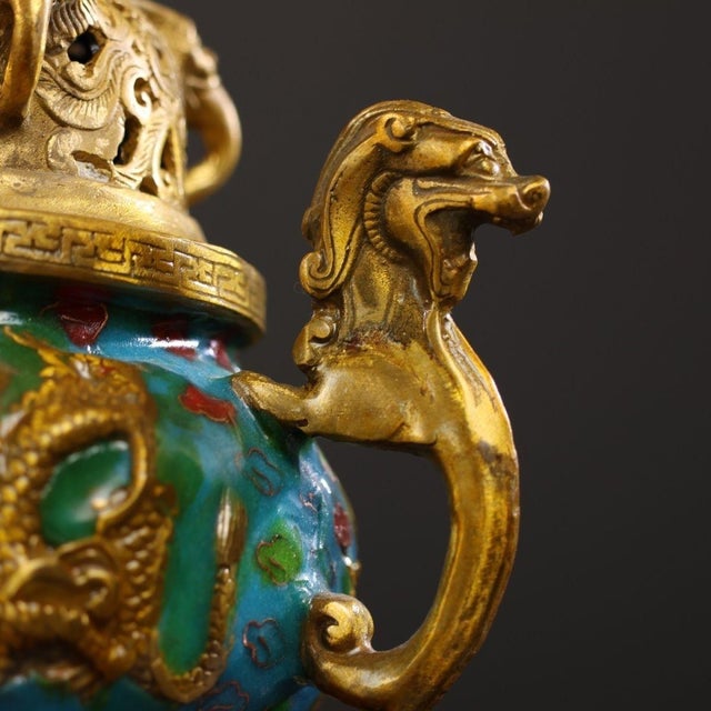 Late 20th Century Cloisonné Enamel Dragon Censer With Gilt Guardian Lion Finial For Sale - Image 9 of 10