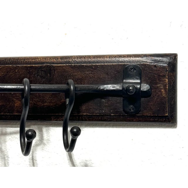Mid 20th Century Antique Carved Hardwood & Forged Iron Wall Hook Assembly (Coat and Hat Rack) For Sale - Image 5 of 9
