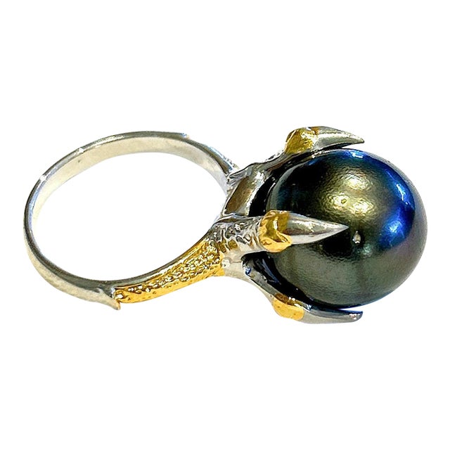 Bochic “Orient” Vintage South Sea Pearl & Yellow Sapphires Ring Set 18K Gold & S For Sale