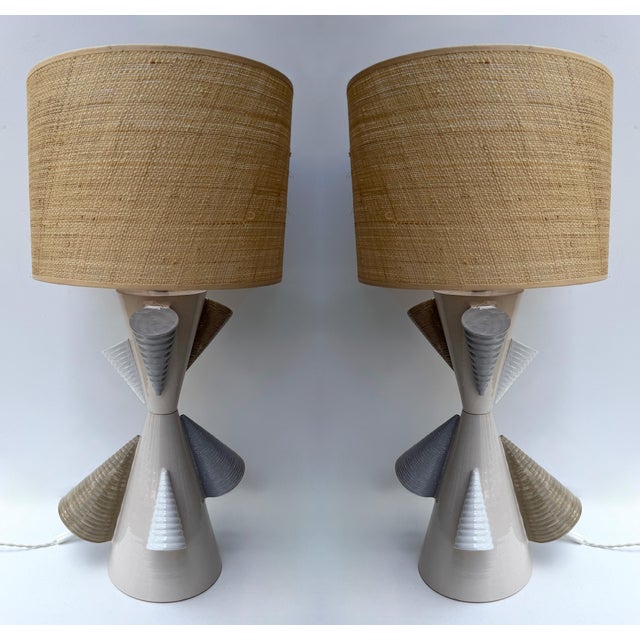 Pair of table or bedside Cone lamps in natural colore ceramic terracotta by the Italian artist design Antonio Cagianelli....