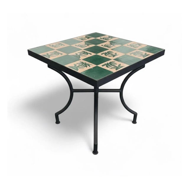 Moroccan Vintage Moroccan Hand-Painted Zellige Tile and Wrought Iron Accent Table (Palm Tree Motif) For Sale - Image 3 of 6