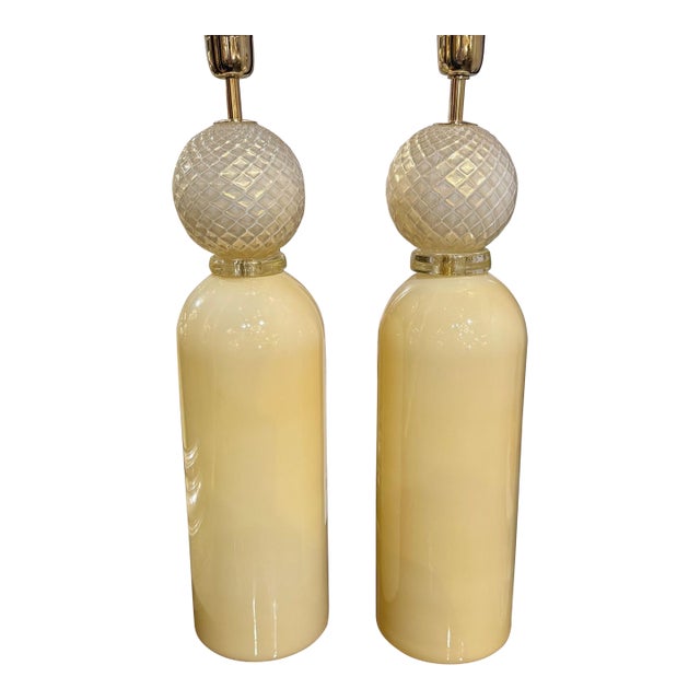 Large Murano Cream Cone Form Lamps - a Pair For Sale