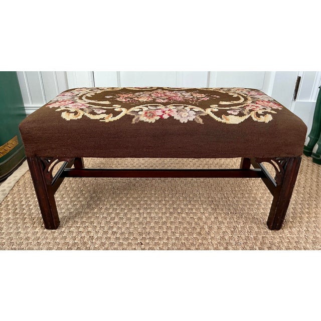 Early 20th Century Antique Mahogany Footstool Upholstered in Needlepoint For Sale - Image 11 of 12