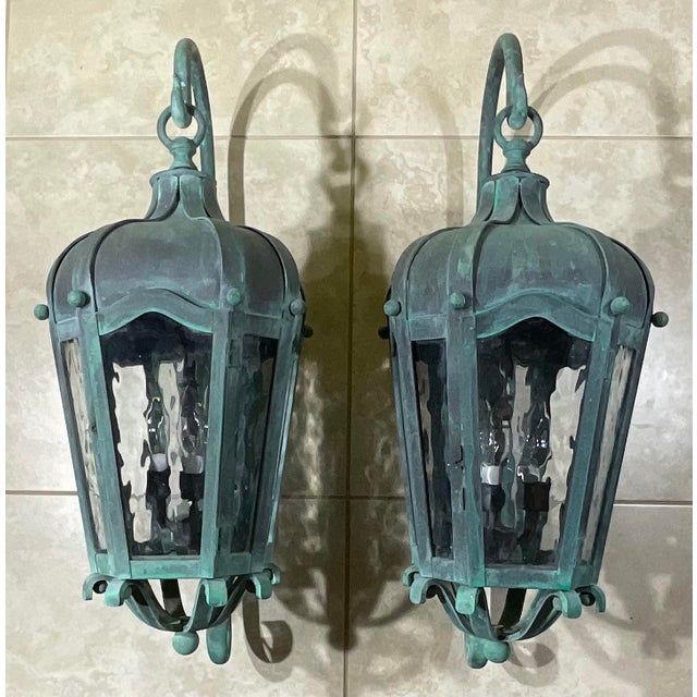 Pair of Vintage Large Solid Brass Outdoor Wall Lanterns For Sale - Image 14 of 17