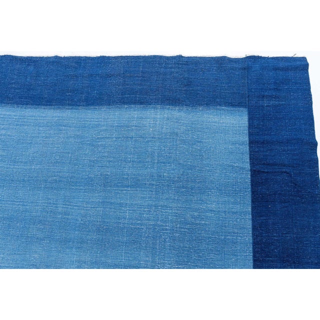 Serene Mid-Century Dhurrie Blue With Navy Blue Flatweave Cotton Rug For Sale - Image 4 of 8