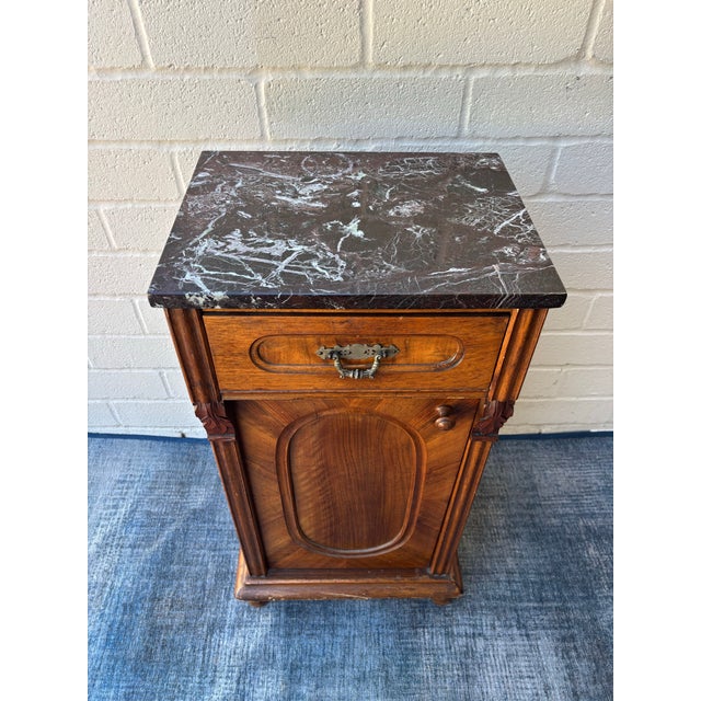 Antique Walnut Nightstand / Bedside Cabinet Featuring a Dark Marble Top and a Single Drawer Above a Cabinet Door For Sale - Image 4 of 9
