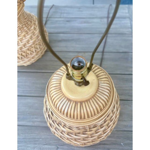 1970's Spanish Ceramic Trompe-l'Oeil Wicker Table Lamps With Matching Shades, a Pair For Sale - Image 13 of 16
