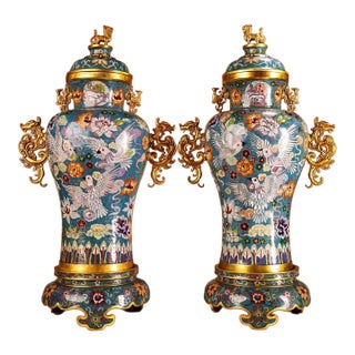 Monumental Chinese Cloisonné Vase | Gilt Bronze Dragon Handles & Dove Motif For Sale