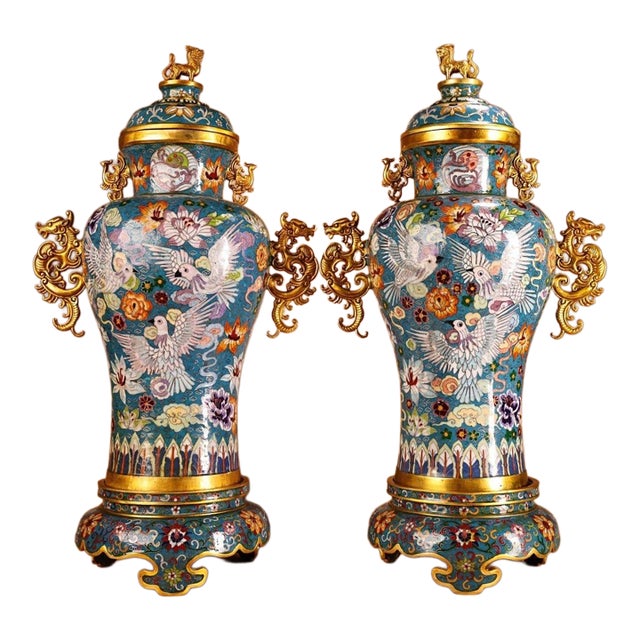 Monumental Chinese Cloisonné Vase | Gilt Bronze Dragon Handles & Dove Motif For Sale