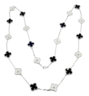 Van Cleef & Arpels 20 Motif Vintage Alhambra Diamond & Onyx White Gold Necklace