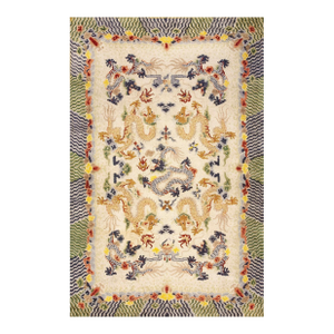 Ivory Background Color With Gold-Blue Color Dragon Styles Antique Chinese Silk Rug